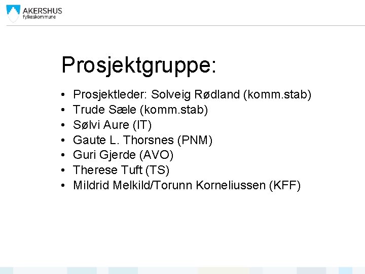 Prosjektgruppe: • • Prosjektleder: Solveig Rødland (komm. stab) Trude Sæle (komm. stab) Sølvi Aure