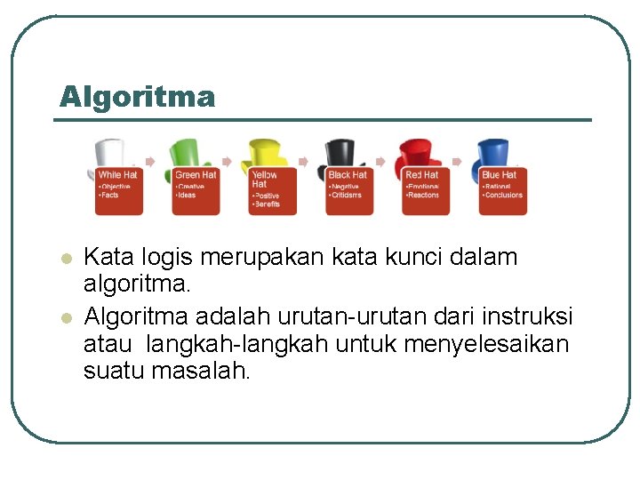 Algoritma l l Kata logis merupakan kata kunci dalam algoritma. Algoritma adalah urutan-urutan dari