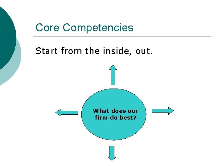 Core Competencies Start from the inside, out. What does our firm do best? 