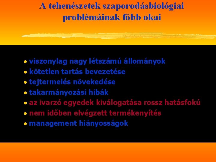 A tehenészetek szaporodásbiológiai problémáinak főbb okai · viszonylag nagy létszámú állományok · kötetlen tartás