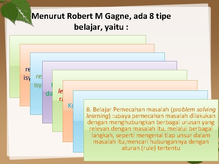 Menurut Robert M Gagne, ada 8 tipe belajar, yaitu : 1. Belajar Isyarat; isyarat