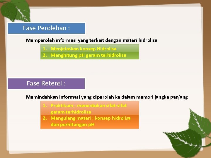 Fase Perolehan : Memperoleh informasi yang terkait dengan materi hidrolisa 1. Menjelaskan konsep Hidrolisa