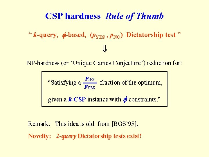 CSP hardness Rule of Thumb “ k-query, -based, (p. YES , p. NO) Dictatorship CSP hardness Rule of Thumb “ k-query, -based, (p. YES , p. NO) Dictatorship