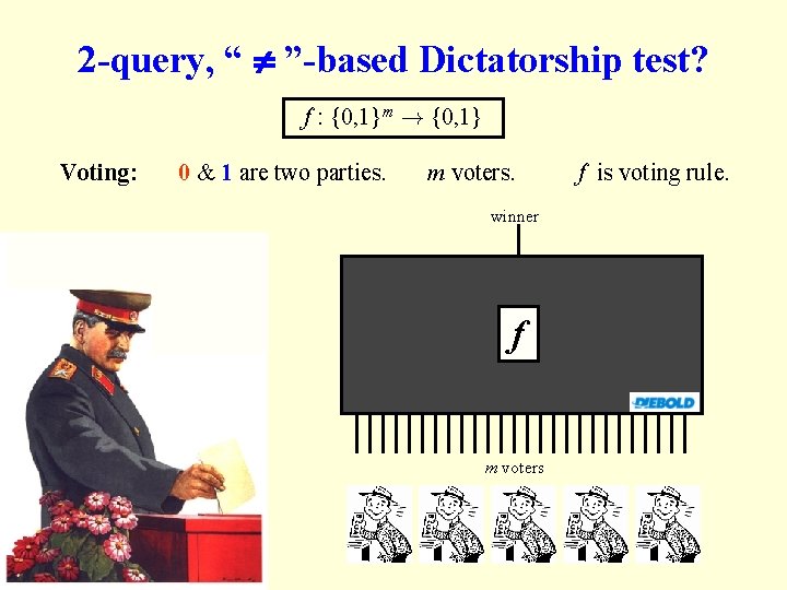 2 -query, “ ”-based Dictatorship test? f : {0, 1}m ! {0, 1} Voting: 2 -query, “ ”-based Dictatorship test? f : {0, 1}m ! {0, 1} Voting: