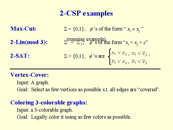 2 -CSP examples Max-Cut: = {0, 1}, ’s of the form “ xi xj 2 -CSP examples Max-Cut: = {0, 1}, ’s of the form “ xi xj