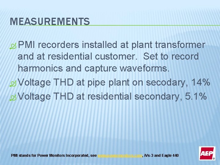 MEASUREMENTS PMI recorders installed at plant transformer and at residential customer. Set to record