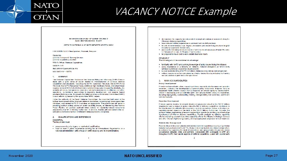 VACANCY NOTICE Example November 2020 NATO UNCLASSIFIED Page 27 