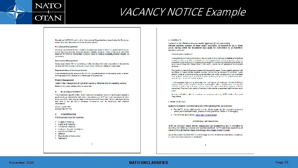 VACANCY NOTICE Example November 2020 NATO UNCLASSIFIED Page 28 