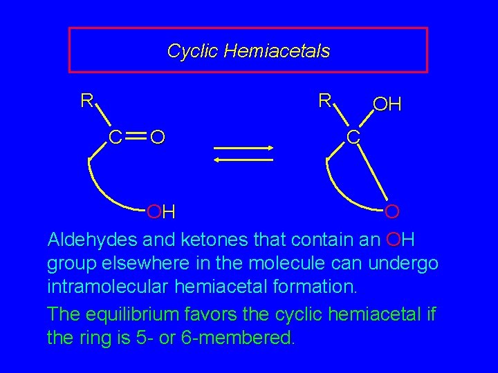 Cyclic Hemiacetals R R C O OH C OH O Aldehydes and ketones that