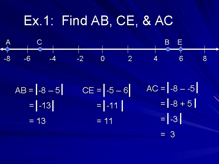 Ex. 1: Find AB, CE, & AC A -8 C -6 B -4 AB