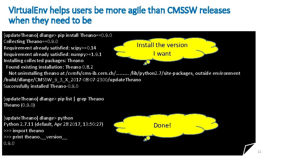 Virtual. Env helps users be more agile than CMSSW releases when they need to
