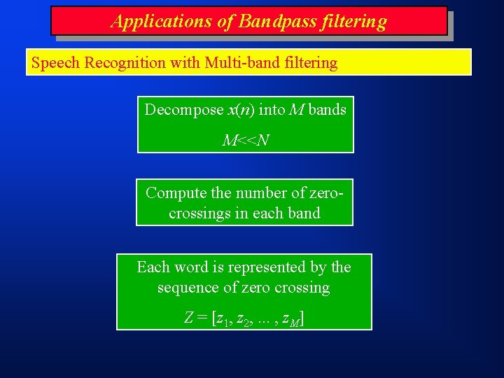 Applications of Bandpass filtering Speech Recognition with Multi-band filtering Decompose x(n) into M bands