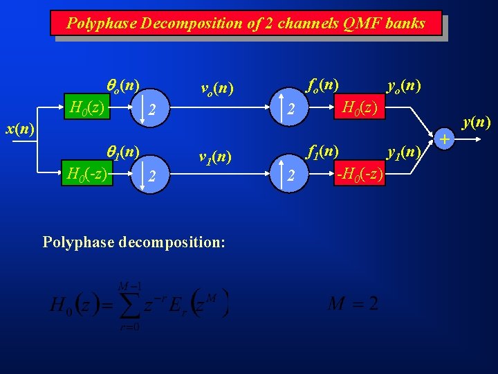 Polyphase Decomposition of 2 channels QMF banks o(n) H 0(z) vo(n) 2 fo(n) 2