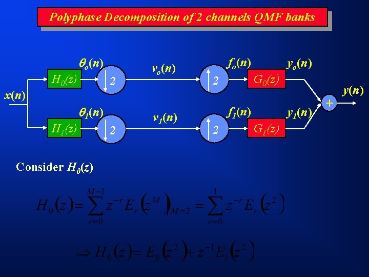 Polyphase Decomposition of 2 channels QMF banks o(n) H 0(z) 2 vo(n) fo(n) yo(n)