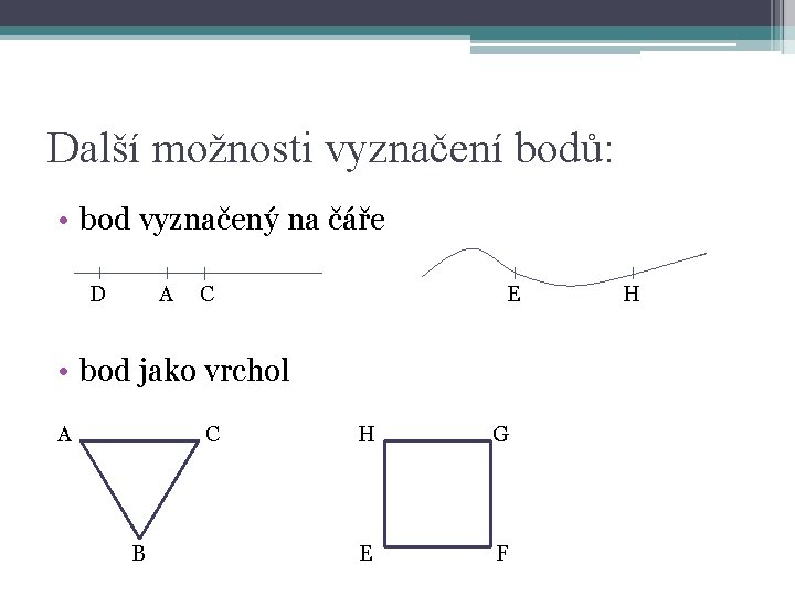 Další možnosti vyznačení bodů: • bod vyznačený na čáře D A C E •