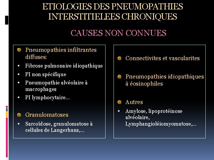 ETIOLOGIES DES PNEUMOPATHIES INTERSTITIELEES CHRONIQUES CAUSES NON CONNUES Pneumopathies infiltrantes diffuses: Fibrose pulmonaire idiopathique
