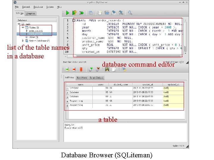 list of the table names in a database command editor a table Database Browser