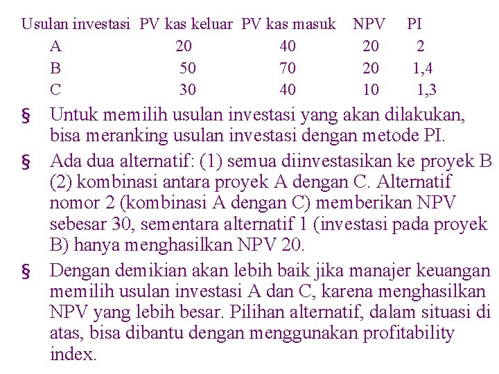 Usulan investasi PV kas keluar PV kas masuk NPV PI A 20 40 20