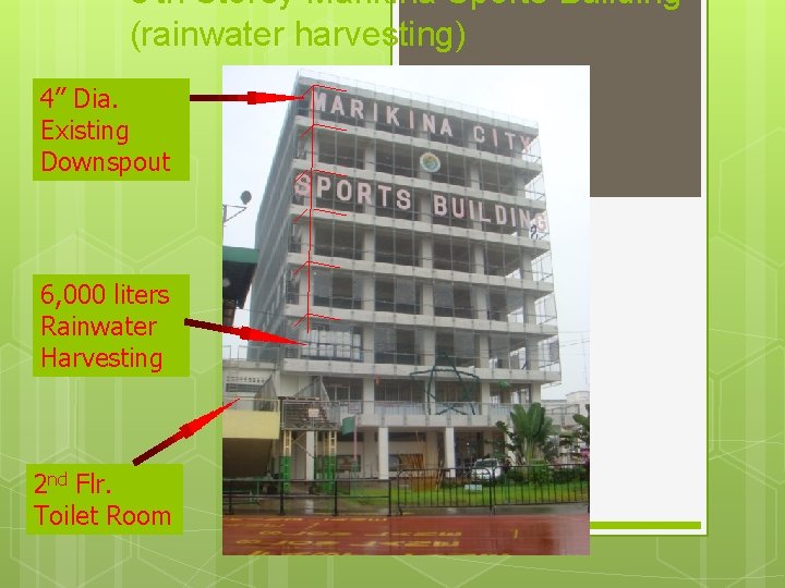 8’th Storey Marikina Sports Building (rainwater harvesting) 4” Dia. Existing Downspout 6, 000 liters