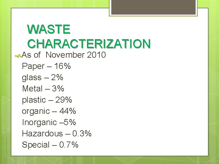 WASTE CHARACTERIZATION As of November 2010 Paper – 16% glass – 2% Metal –