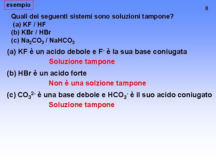 esempio 8 Quali dei seguenti sistemi sono soluzioni tampone? (a) KF / HF (b)
