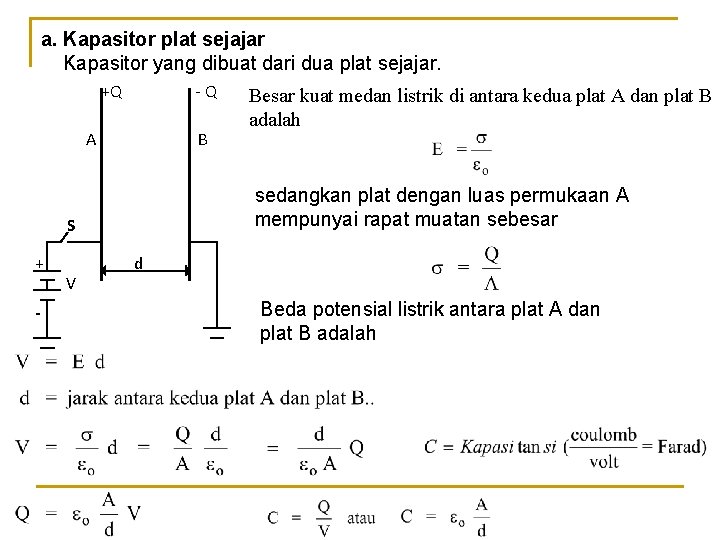 a. Kapasitor plat sejajar Kapasitor yang dibuat dari dua plat sejajar. +Q -Q A