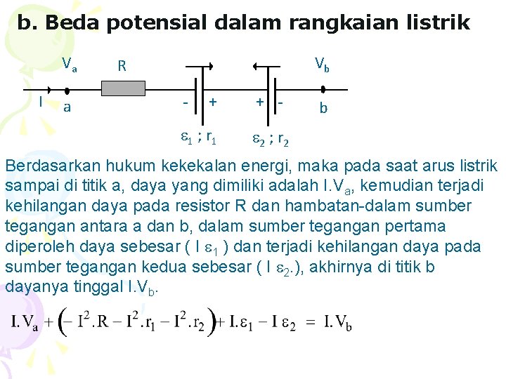 b. Beda potensial dalam rangkaian listrik Va I a Vb R - + 1