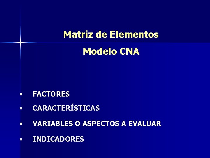 Matriz de Elementos Modelo CNA • FACTORES • CARACTERÍSTICAS • VARIABLES O ASPECTOS A