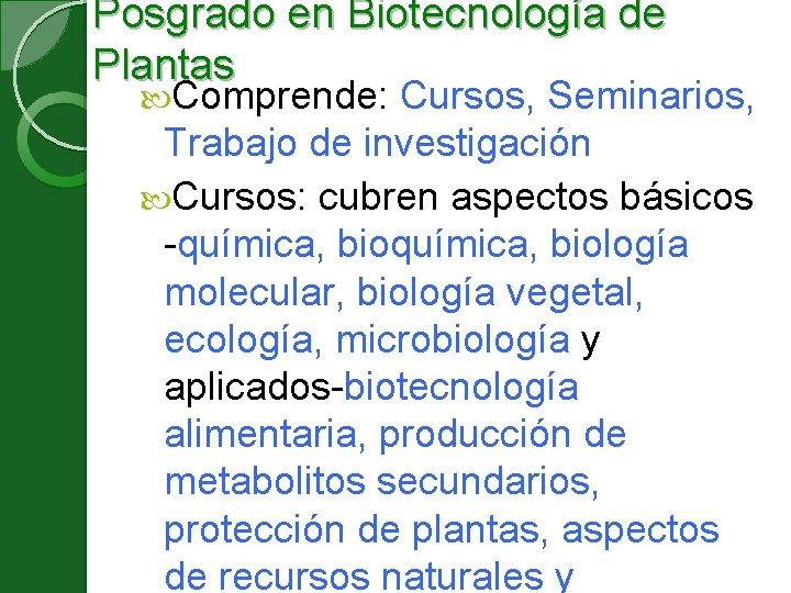 Posgrado en Biotecnología de Plantas Comprende: Cursos, Seminarios, Trabajo de investigación Cursos: cubren aspectos