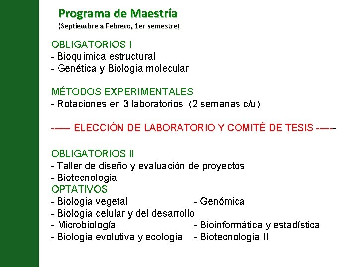 Programa de Maestría (Septiembre a Febrero, 1 er semestre) OBLIGATORIOS I - Bioquímica estructural