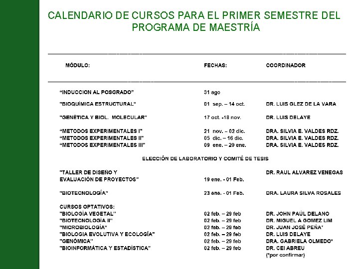 CALENDARIO DE CURSOS PARA EL PRIMER SEMESTRE DEL PROGRAMA DE MAESTRÍA 