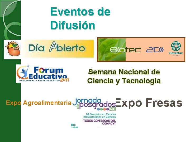 Eventos de Difusión Semana Nacional de Ciencia y Tecnología Expo Agroalimentaria Expo Fresas 
