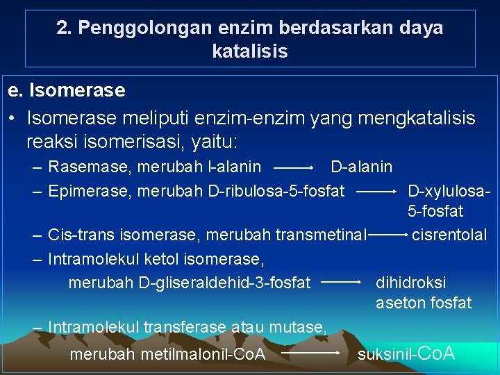 2. Penggolongan enzim berdasarkan daya katalisis e. Isomerase • Isomerase meliputi enzim-enzim yang mengkatalisis