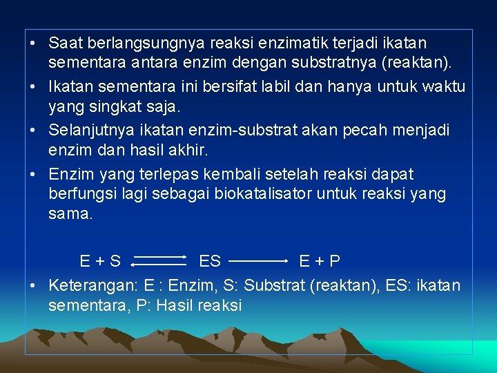  • Saat berlangsungnya reaksi enzimatik terjadi ikatan sementara antara enzim dengan substratnya (reaktan).