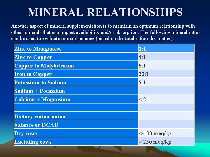 MINERAL RELATIONSHIPS Another aspect of mineral supplementation is to maintain an optimum relationship with