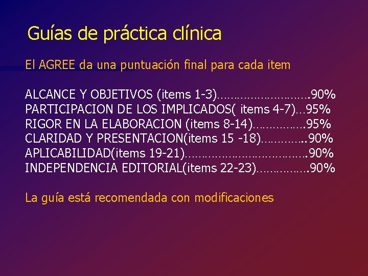 Guías de práctica clínica El AGREE da una puntuación final para cada item ALCANCE