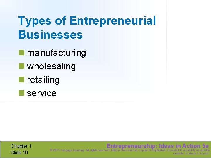 Types of Entrepreneurial Businesses n manufacturing n wholesaling n retailing n service Chapter 1