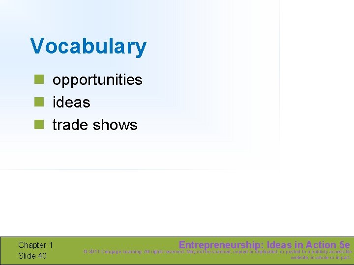 Vocabulary n opportunities n ideas n trade shows Chapter 1 Slide 40 Entrepreneurship: Ideas