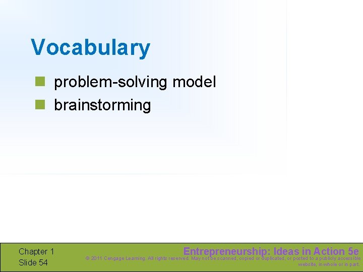 Vocabulary n problem-solving model n brainstorming Chapter 1 Slide 54 Entrepreneurship: Ideas in Action