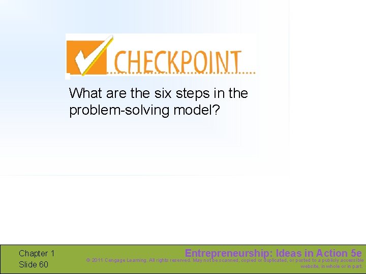 What are the six steps in the problem-solving model? Chapter 1 Slide 60 Entrepreneurship: