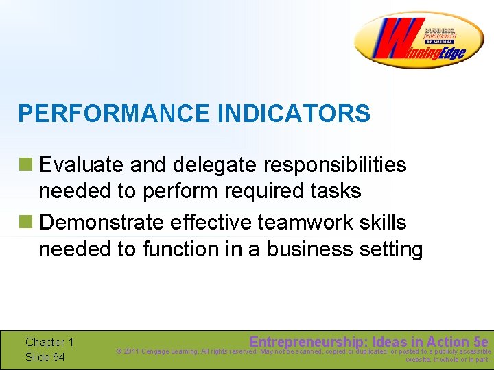 PERFORMANCE INDICATORS n Evaluate and delegate responsibilities needed to perform required tasks n Demonstrate