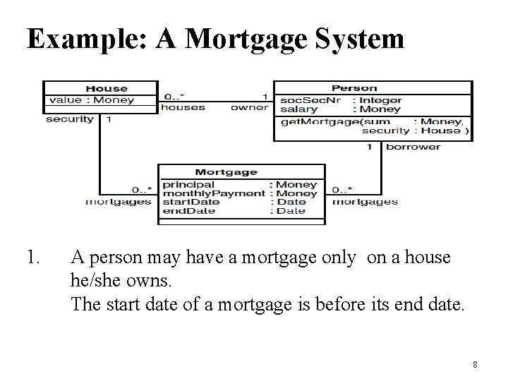 Example: A Mortgage System 1. A person may have a mortgage only on a Example: A Mortgage System 1. A person may have a mortgage only on a