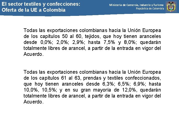 El sector textiles y confecciones: Oferta de la UE a Colombia Ministerio de Comercio,