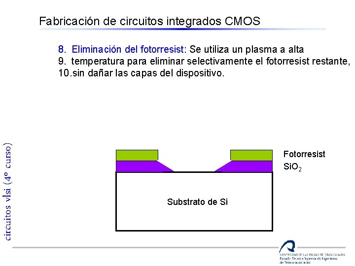 Fabricación de circuitos integrados CMOS circuitos vlsi (4º curso) 8. Eliminación del fotorresist: Se