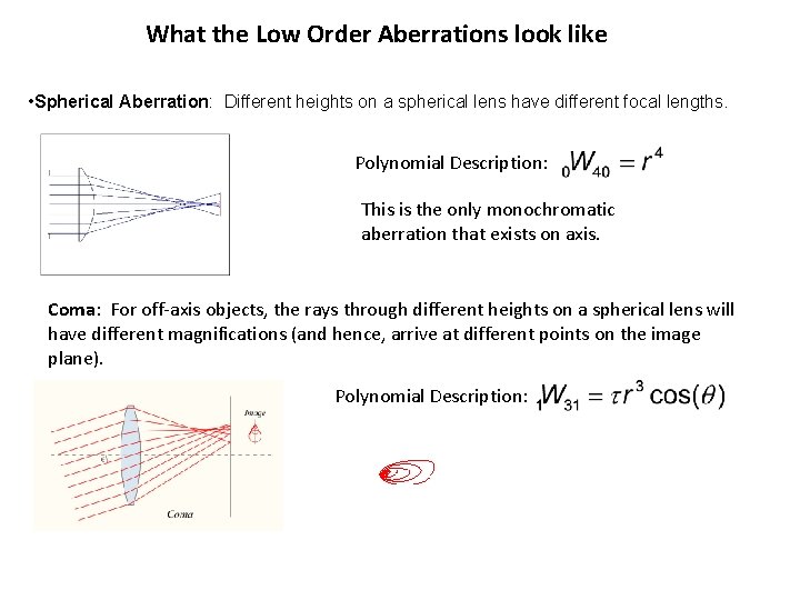 What the Low Order Aberrations look like • Spherical Aberration: Different heights on a