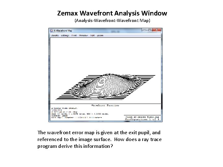 Zemax Wavefront Analysis Window (Analysis-Wavefront Map) The wavefront error map is given at the