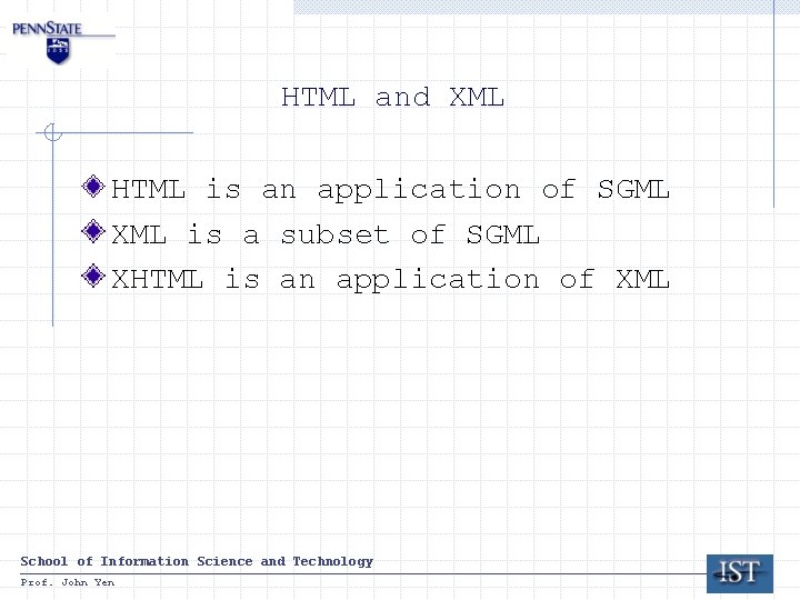 HTML and XML HTML is an application of SGML XML is a subset of