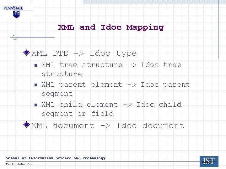 XML and Idoc Mapping XML DTD -> Idoc type n n n XML tree