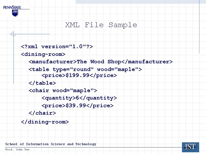 XML File Sample <? xml version="1. 0"? > <dining-room> <manufacturer>The Wood Shop</manufacturer> <table type="round"