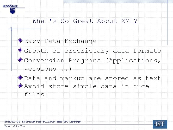 What's So Great About XML? Easy Data Exchange Growth of proprietary data formats Conversion What's So Great About XML? Easy Data Exchange Growth of proprietary data formats Conversion